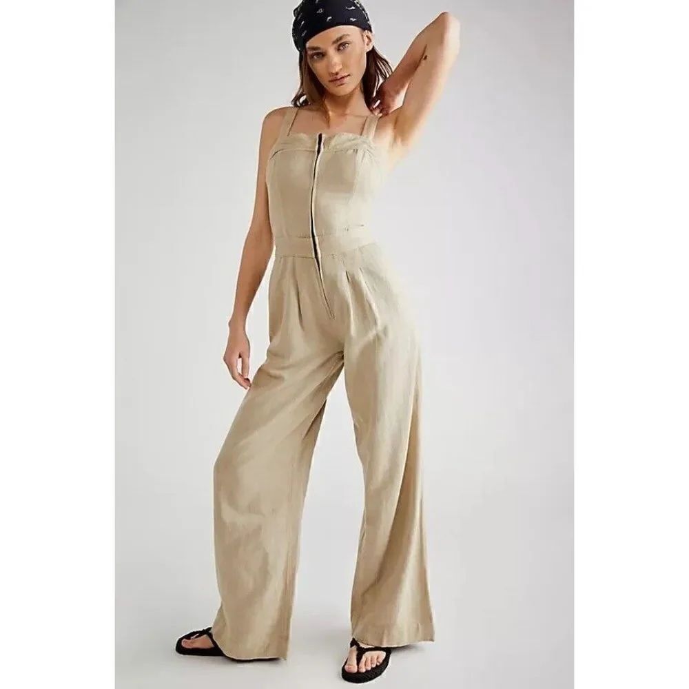 NWT FREE PEOPLE Sz M CALL ON ME ONE PIECE WIDE LEG JUMPSUIT IN KHAKI